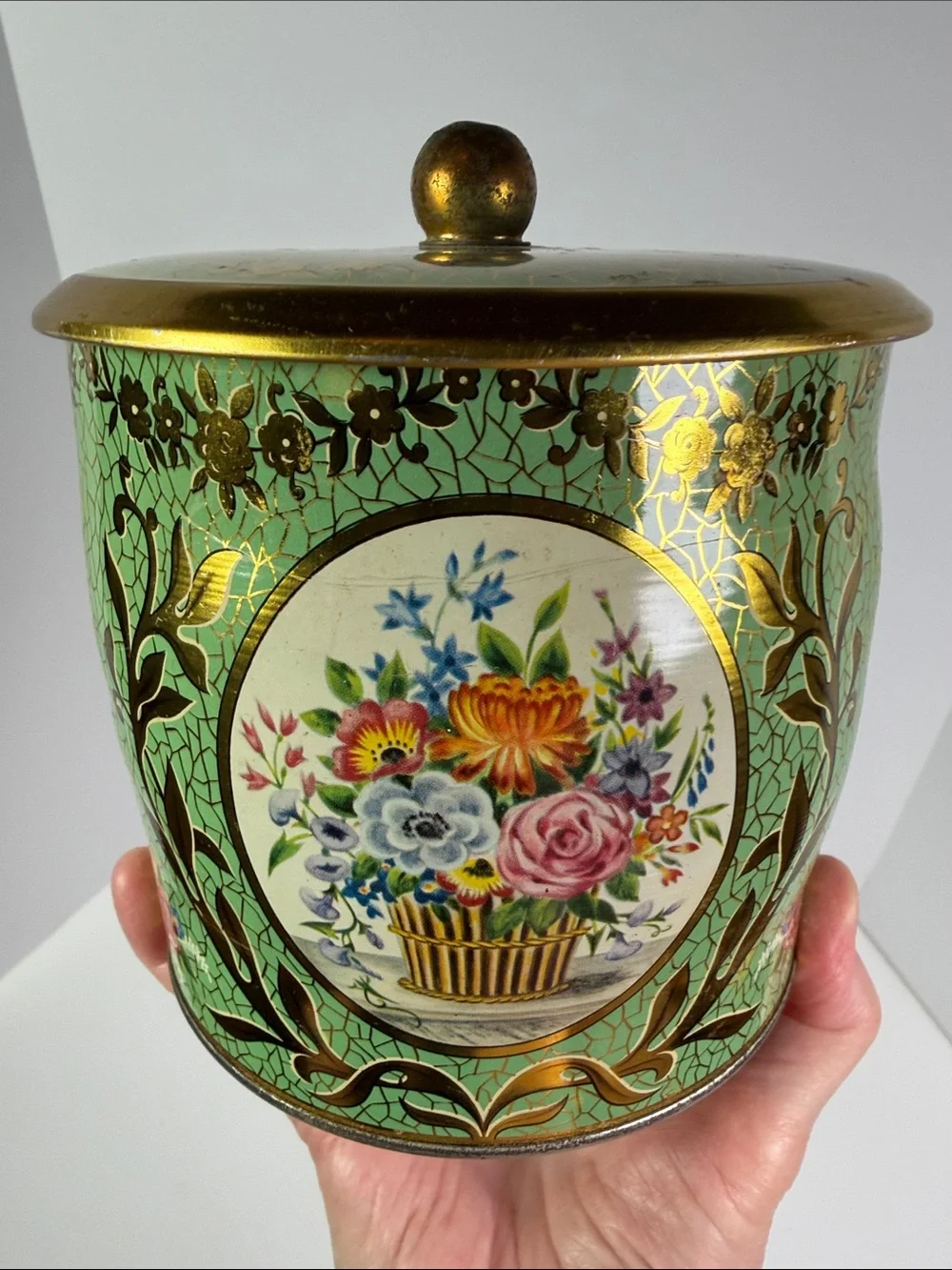Vintage Biscuit Cookie Tea Tin England Floral Decorative Canister Gold Trim 6”